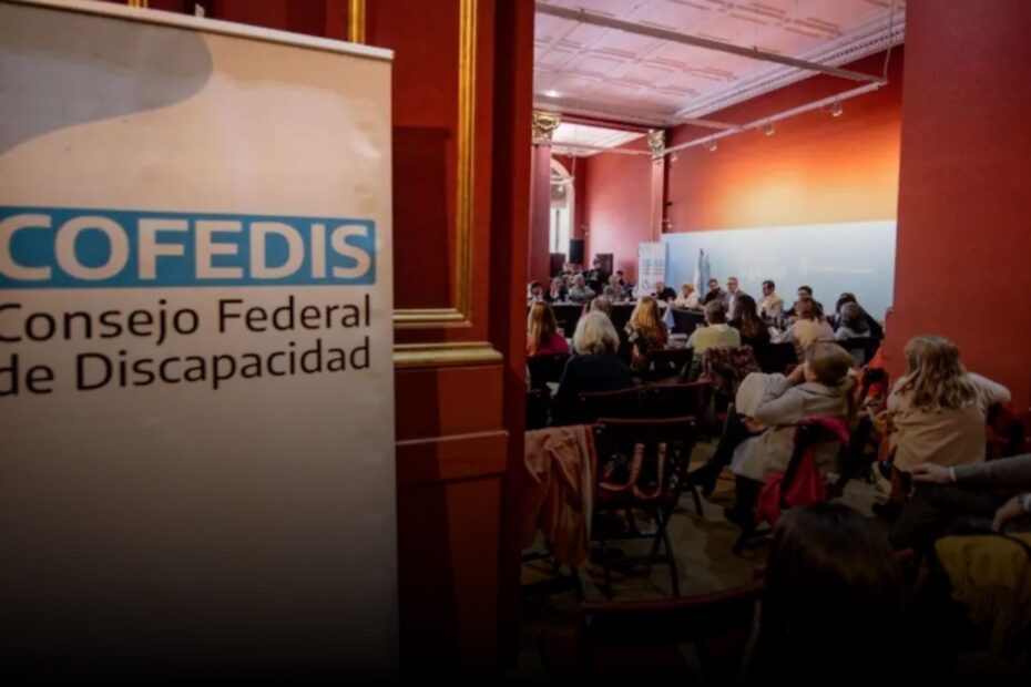 La imagen muestra de fondo pesonas reunidas durante una sesión del Consejo Federal de Discapacidad. Delante se ve un banner del COFEDIS. Fuente: LaVoz